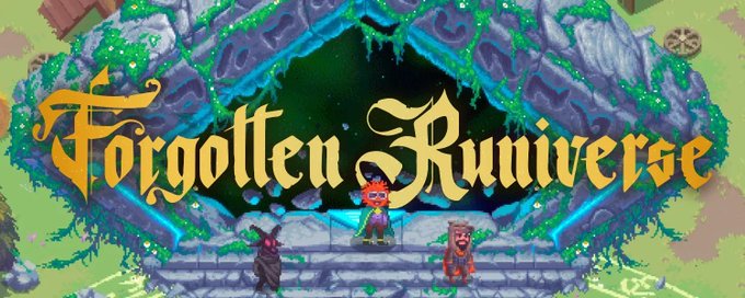 Title screen for 'Forgotten Runiverse' showing pixel art characters standing on stone steps leading to a cave entrance.