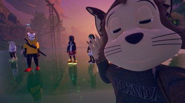 An animated scene showing people wearing animal masks (including a dog/cat mask in the foreground) standing in water at sunset, appearing to be from a 3D animated film.