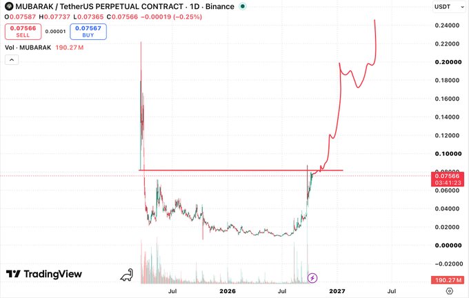 A TradingView chart displays the "MUBARAK / TetherUS PERPETUAL CONTRACT" on Binance, showing a significant upward price trend reaching approximately 0.24000 USDT with a 190.27M volume.