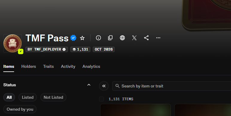 A screenshot of the TMF Pass NFT collection profile on a marketplace, showing 'BY TNF_DEPLOYER', 1,131 items, and tabs for Items, Holders, Traits, Activity, and Analytics.