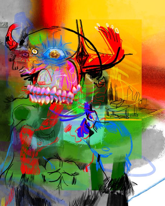 A vibrant, chaotic digital or mixed-media artwork featuring a monstrous, fanged figure with a blue eye and red horns, set against a background of bright yellow, green, and black with loose scribbled linework.