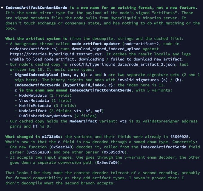 A dark-themed technical post explains that 'IndexedArtifactContentSerde' is a new name for an existing format, detailing changes in artifact system decoding for Hyperliquid validators.