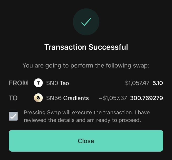 A successful transaction confirmation showing a swap of 5.10 TAO ($1,057.47) for 300.769279 SN56 Gradients tokens, aligning with the user's post about purchasing SN56 alpha tokens using TAO on the Gradients subnet.