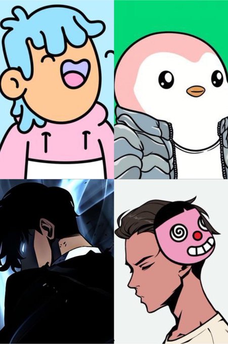 A four-panel image combining internet meme characters: a blue-haired crying anime girl (top left), a penguin-like character with a jacket (top right), a dark-haired anime figure (bottom left), and a man with a pink hypnotic spiral mask (bottom right).