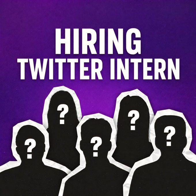 A purple-background graphic reading 'HIRING TWITTER INTERN' with five silhouetted figures featuring question marks where their faces should be.
