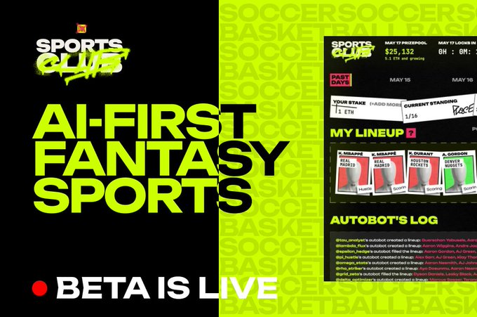 The image is an advertisement for Sports Club Daily Fantasy Football (DFF) from beta club with a yellow background and green text. The main information of the advertisement is that the beta club is live, featuring AI-first daily fantasy sports, which allows players to find a unique edge in order to create their lineup and trade cards on the marketplace. It also states that there are no sports knowledge requirements for this new feature as it uses AI technology to analyze player statistics and predict game outcomes without needing to know specific game details.