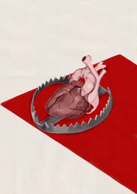 A surreal digital artwork of an anatomical heart with arteries/vessels encircled by a metal bear trap, sitting on a red cloth against a pale background.