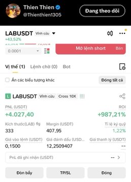 In the image, there is a cell phone screen with text displayed that says "Vân tích labbusd trước 100 lần này x10 mà ROI có dùng bẩy x5". This post is related to a trading account, and it shows the amount of money that has been invested as well as its returns. The image also includes a link or a caption about someone's post on social media platforms in another language, although we cannot read the original text due to the limitations of the image description provided.