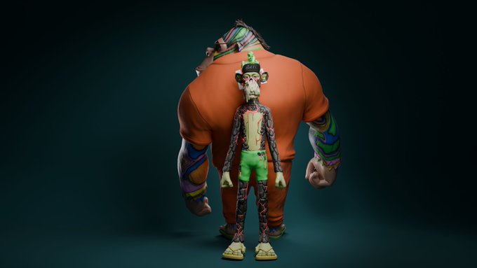 A 3D-rendered scene showing a large muscular figure in an orange shirt from behind, with a smaller monkey-like character in green shorts standing in front against a dark teal background.