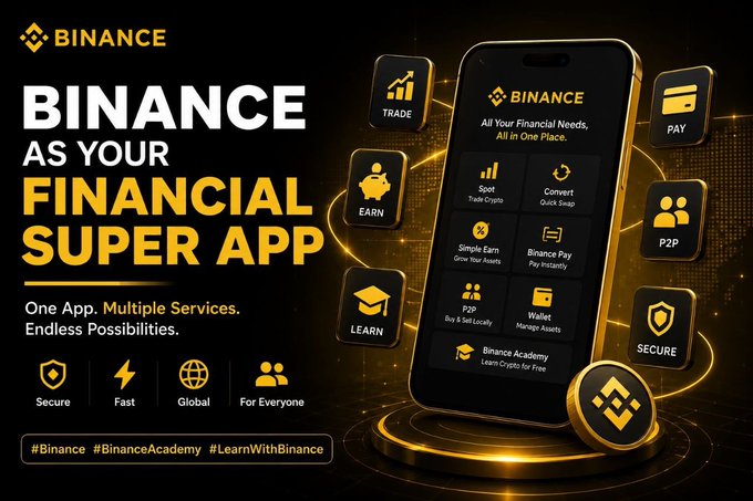 A Binance promotional graphic displaying the slogan "BINANCE AS YOUR FINANCIAL SUPER APP" alongside a smartphone interface showcasing integrated services such as Spot/Crypto trading, Convert, Simple Earn, Binance Pay, P2P, Buy & Sell, Wallet, and Binance Academy, visually reinforcing the post's message that Binance has evolved beyond a simple crypto exchange into an all-in-one financial platform.