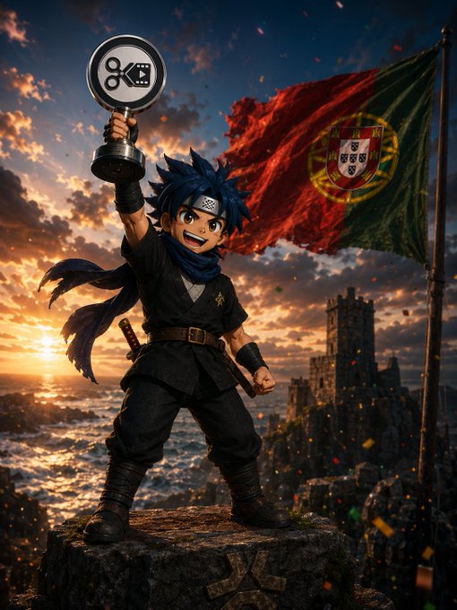 An anime-style ninja figure triumphantly holds up a trophy displaying "8K" while standing on a stone pedestal, with a Portuguese flag waving in the background at sunset, symbolizing a celebratory achievement or milestone recognition.