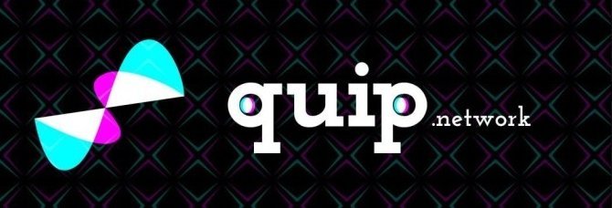 The logo for 'quip.network' displayed in white text next to a colorful abstract butterfly-like icon on a dark patterned background.
