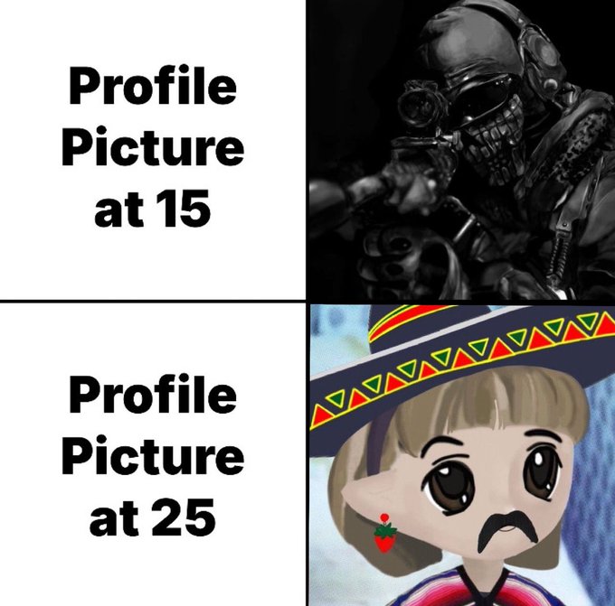 A two-panel meme contrasting "Profile Picture at 15" showing a menacing tactical soldier, with "Profile Picture at 25" showing a cute chibi-style Mexican character. The "Milady" reference ties to the chibi image, which appears to be from the "Milady Maker" NFT collection — humorously suggesting the user traded edgy teen aesthetics for wholesome anime-style vibes as they matured.