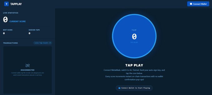 The image shows a screenshot of a website called TapPlay, which appears to be an online game. The main focus of the image is a blue circle with a number 0 inside it, indicating that the user has reached the zero mark or completed the game. The website also provides instructions on how to play the game and suggests connecting a wallet for in-game purchases.