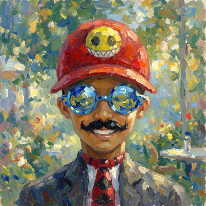 An oil painting-style portrait of a smiling person with a mustache, wearing blue round glasses and a red cap with a yellow smiley face design.
