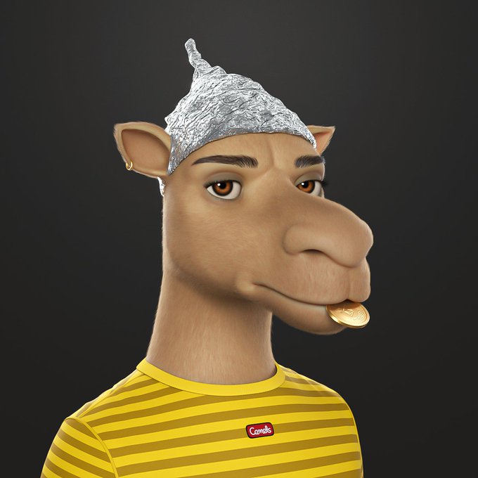 A 3D rendered camel character wearing a yellow and brown striped shirt with a "Camels" logo has its head wrapped in tinfoil and holds a gold coin in its mouth.