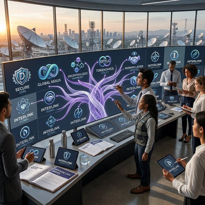 A futuristic control room where a diverse team of people analyze a large digital display showing interconnected blockchain/crypto networks with labels like 'SECURE CORE', 'GLOBAL NEXUS', 'TOKENOMICS UTILITY', and 'INTERLINK', with satellite dishes visible through the windows behind them.