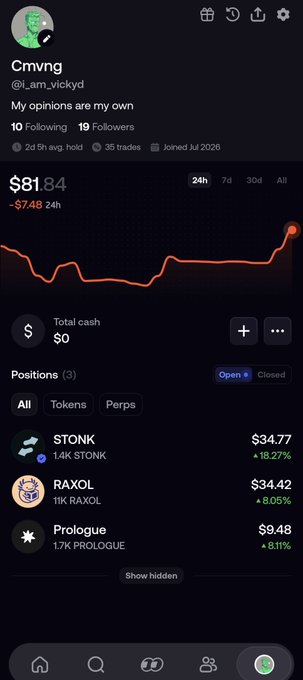 A mobile screenshot of a crypto portfolio app showing user 'Cmvng' (@i_am_vickyd) with the bio 'My opinions are my own', displaying a portfolio value of $81.84 (down $7.48 in 24h) with an orange downward-trending chart, total cash of $0, and three open positions: 1.4K STONK at $34.77 (+18.27%), 11K RAXOL at $34.42 (+8.05%), and 1.7K PROLOGUE at $9.48 (+8.11%).