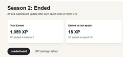 The image displays a Season 2 leaderboard for ForteProtocol's XP Earning History, showing the season has ended with a total of 1,059 XP earned by the user, ranking them 18th out of 113, and earning 18 XP for each epoch they participated in.