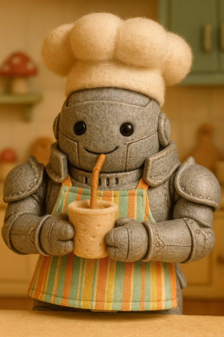 A small, charming robot figurine wearing a chef's hat and a striped apron holds a wooden cup with a straw.