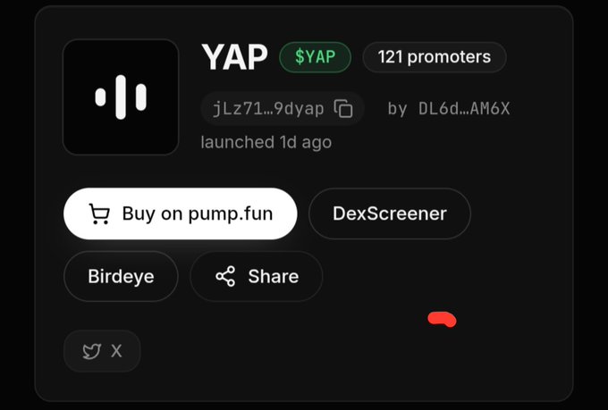 A cryptocurrency token information page for 'YAP' ($YAP) showing 121 promoters, with buttons to 'Buy on pump.fun', 'DexScreener', 'Birdeye', and 'Share'.