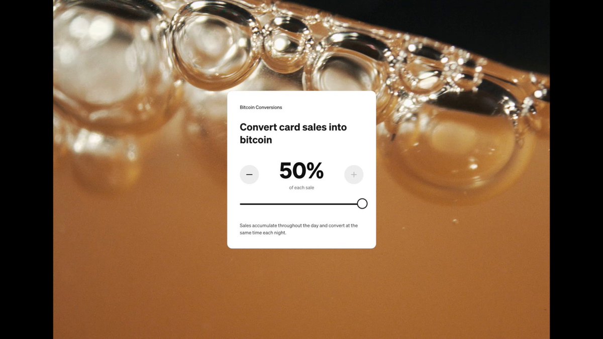 A Bitcoin conversion card with the text "Convert card sales into bitcoin" set to 50% appears as an interface overlay on a close-up of golden liquid bubbles, referencing Square's feature that lets users convert card sales to bitcoin, with the post celebrating their discussion about crypto.