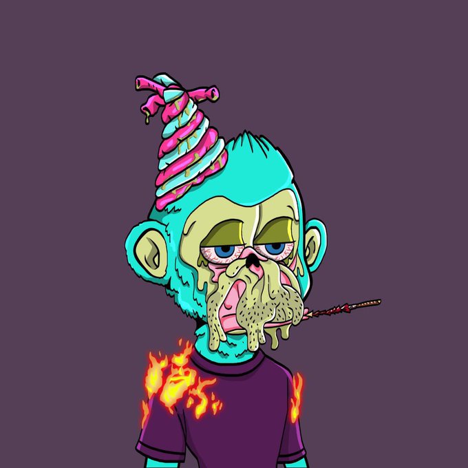 A stylized cartoon illustration of a blue-skinned zombie-like ape with a pink and teal ice cream cone melting on its head, drooling yellow slime from its mouth while smoking a cigar, with flames on its purple shirt. The image represents a 1/1 NFT on ApeChain, matching the post's details about the mint date, price of 26 APE, and supply of 3,330.