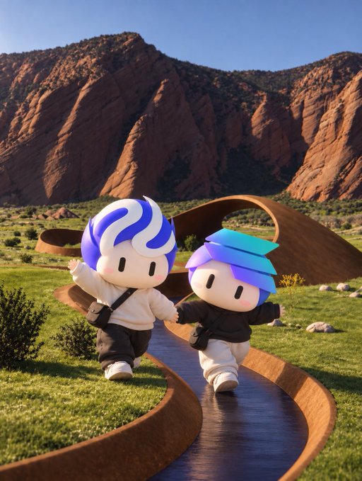 Two stylized cartoon characters with blue and white hair walking along a curved water channel in a scenic landscape with red rock formations.