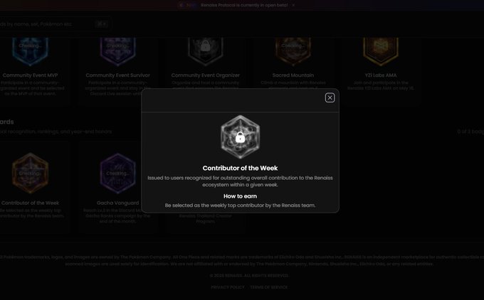 A screenshot of a digital rewards page on the official Pokémon website, specifically highlighting a 'Contributor of the Week' badge issued for outstanding contributions to the Renaiss ecosystem.