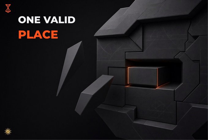 Dark 3D promotional graphic with the text 'ONE VALID PLACE' next to a geometric metallic block with glowing orange accents.