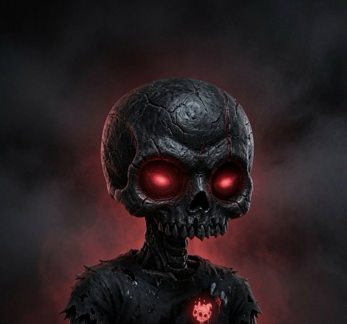 A dark, eerie 3D render of a cracked, charred skull-like figure with glowing red eyes and a torn black shirt, set against a smoky red and black background.