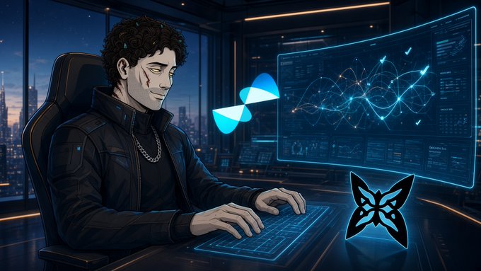 An anime-style illustration of a young man with curly hair and yellow eyes typing at a futuristic glowing keyboard, with holographic financial charts and a butterfly-like logo floating nearby.