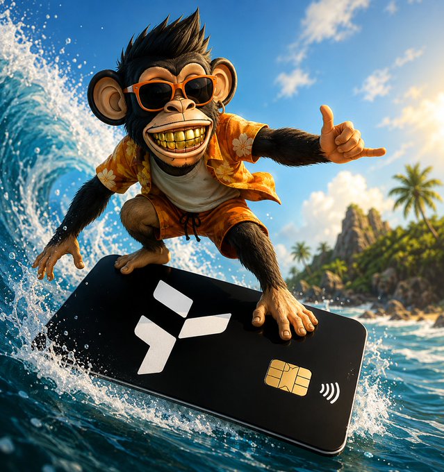 A cartoonish illustration of a smiling monkey wearing sunglasses and an orange Hawaiian shirt surfing on a black credit card featuring a '7' logo and chip.