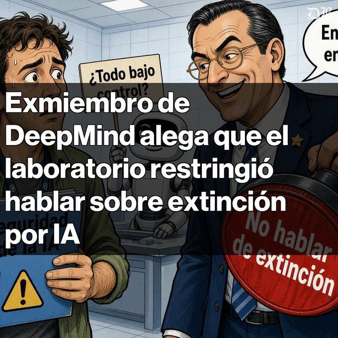 An illustration showing a nervous man holding a laptop and a man in a suit holding a 'No hablar de extinción' sign, with text reading 'Exmiembro de DeepMind alega que el laboratorio restringió hablar sobre extinción por IA' and a sign in the background saying '¿Todo bajo control?'.