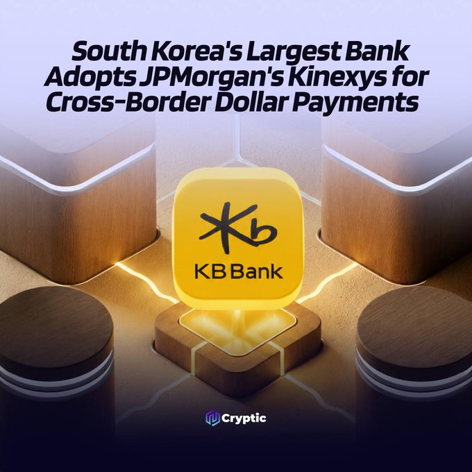 The image, branded with "Cryptic," features a glowing 3D KB Bank logo at its center, illustrating a news headline that reads: "South Korea's Largest Bank Adopts JPMorgan's Kinexys for Cross-Border Dollar Payments," visually representing the bank's integration of blockchain technology for international transactions.