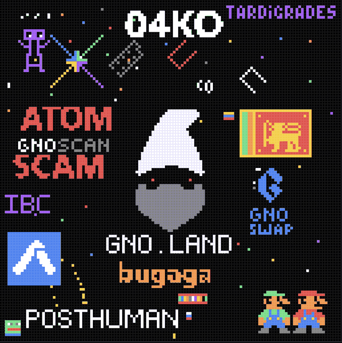 A pixel art canvas displays various crypto/tech references including "04KO", "TARDIGRADES", "ATOM SCAM", "IBC", "GNO.LAND", "bugoga", "POSTHUMAN", "GNOSCAN", "GNOSWAP", alongside a Sri Lankan flag, Mario and Luigi characters, and a masked face, all rendered in an 8-bit style on a black background—matching the post's description of on-chain pixel artwork featuring the POSTHUMAN tag, Sri Lankan flag, and Mario characters on the gnoland pixel canvas.