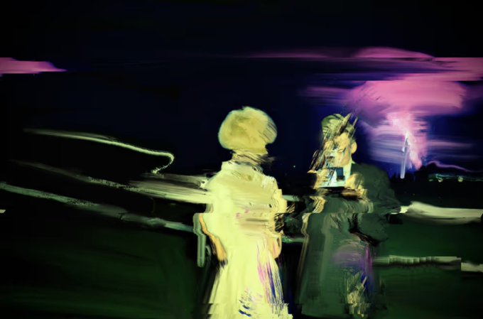 A blurry, abstract painting of two figures in yellow and dark clothing, set against a background with streaks of purple and pink.