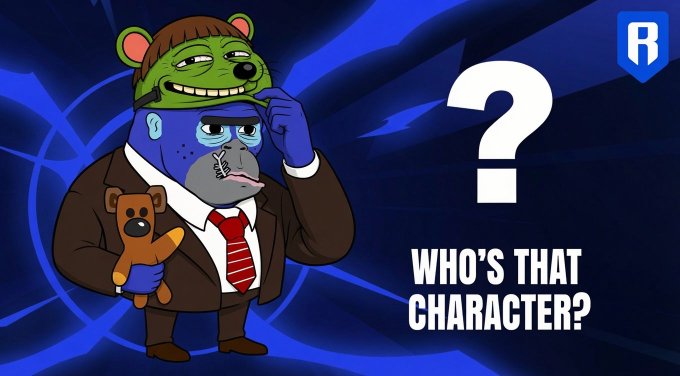 A cartoon mascot in a business suit holding a teddy bear wears a green mask, alongside the text "WHO'S THAT CHARACTER?" on a blue background. The "R" logo in the corner ties to the Ronin Network branding referenced in the post, suggesting the character is meant to remain mysterious.