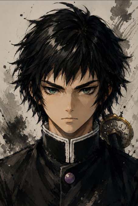 An anime-style illustration of a serious young man with messy black hair, green eyes, and a high-collared black uniform, carrying a sword on his shoulder.