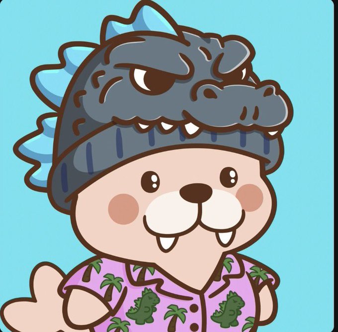 A cute cartoon character wearing a Godzilla-style dinosaur hat and a purple Hawaiian shirt with dinosaur and palm tree prints on a teal background.