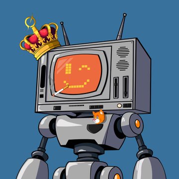 A cartoon-style illustration of a retro robot with a television set for a head displaying a pixelated smiley face, topped with a gold crown and sporting a small fox logo on its chest.