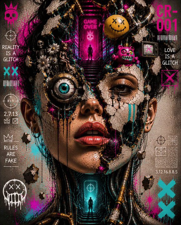 The image features an art piece of a woman's face with various elements, including a skull, flowers, and other objects that create a unique and surreal appearance. The artwork is accompanied by text that reads "Love is a glitch", which adds depth to the overall theme. The post also mentions a "SOLIDITY" and a "CR-001" reference, possibly indicating the artist's name or the title of the piece.