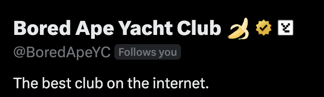 A Twitter/X profile for 'Bored Ape Yacht Club' (@BoredApeYC) with a banana emoji and pixel art logo, displaying the bio 'The best club on the internet.'