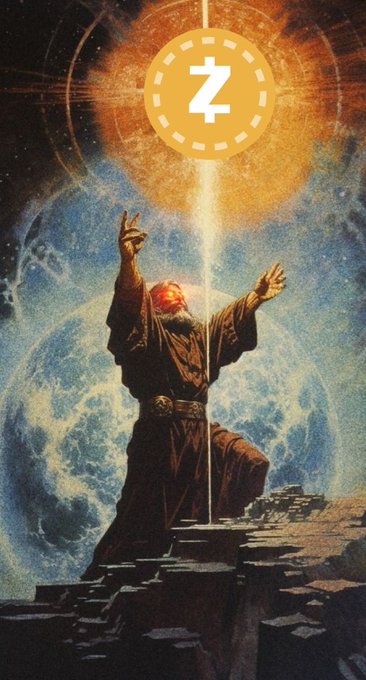 A bearded figure with arms outstretched stands on a stone platform as a bright beam of light descends from a glowing Zcash (ZEC) coin above. The imagery evokes a wizard channeling cosmic power, symbolizing the poster's bold claim to drive the $ZORDI token to massive growth.