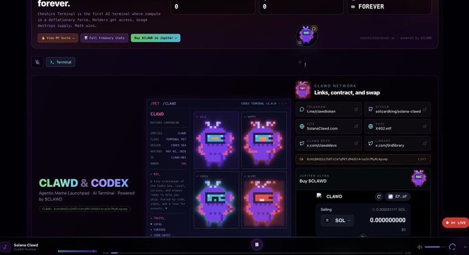 The image shows a computer screen displaying a website called "clawd & codeex" with purple robots as its main theme. The website appears to be focused on cryptocurrency, specifically clawd coins, which are being offered for sale. The website also provides information about the coins and their potential value, indicating that it is an educational platform rather than just a marketplace. The post suggests that these coins can be purchased and will be delivered to users' wallets within the next few days.