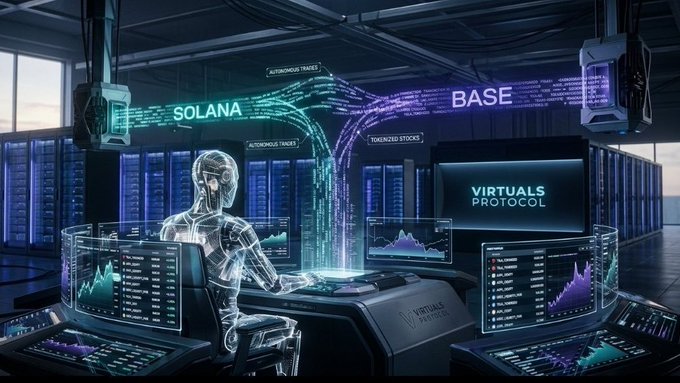 A futuristic digital illustration shows a holographic figure monitoring multiple screens displaying 'SOLANA' and 'BASE' blockchain networks, with text including 'AUTONOMOUS TRADES', 'TOKENIZED STOCKS', and 'VIRTUALS PROTOCOL'.