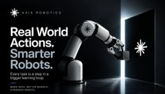 An advertisement for Akribis Robotics showing a robotic arm with the text "Real World Actions. Smarter Robots." and a tagline about frictionless motion.