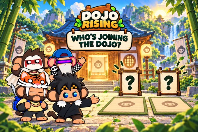 Promotional artwork for 'DOJO RISING' game featuring cartoon monkey characters with the text 'WHO'S JOINING THE DOJO?' displayed on a wooden sign.