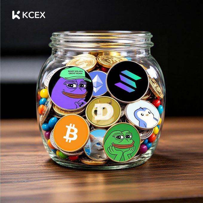 A promotional image from KCEX featuring a glass jar filled with various cryptocurrencies including Bitcoin, Dogecoin, Ethereum, Solana, and meme coins like Pepe.