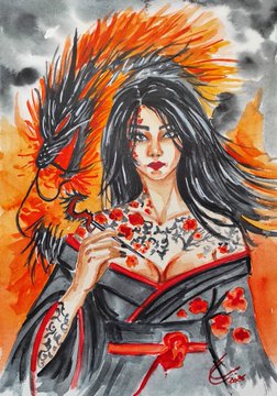 A watercolor and ink painting depicts a woman in a black and red kimono with a fierce red and black phoenix or dragon rising behind her against a smoky gray background.